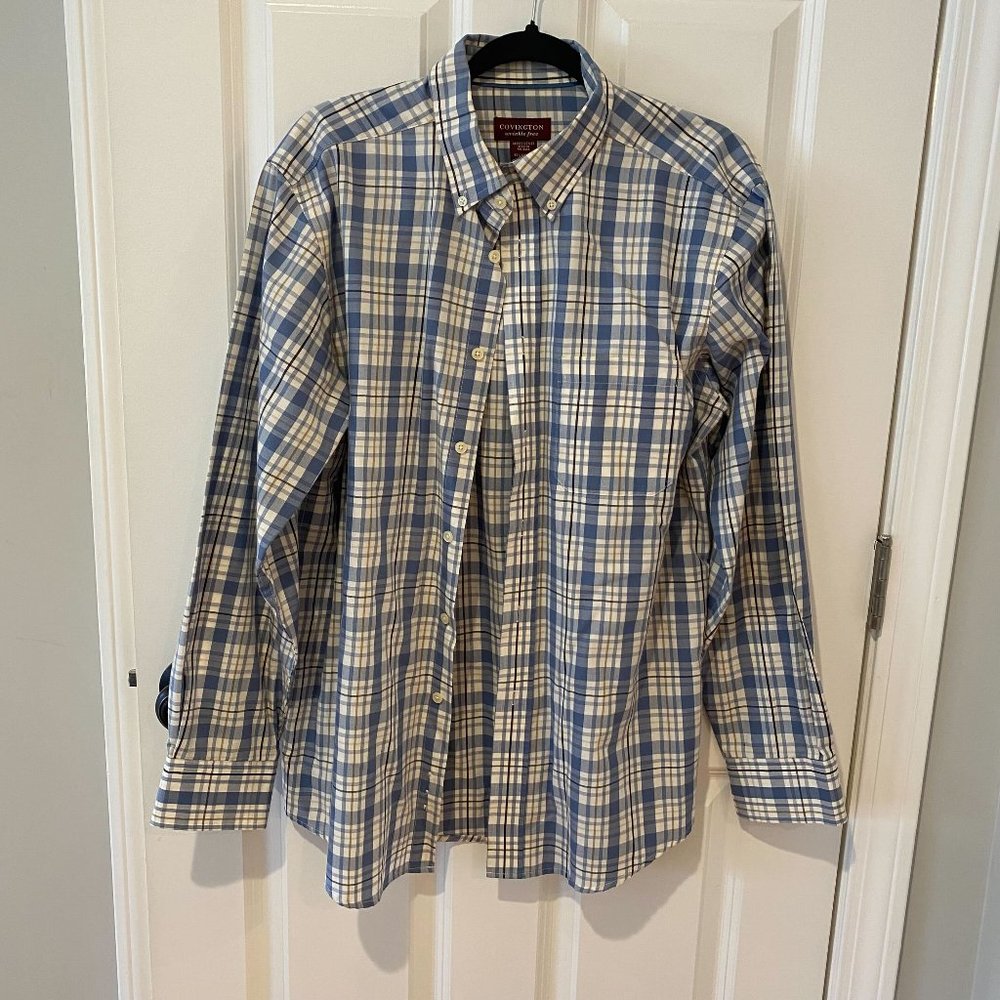 Blue and White Wrinkle Free Covington‎ Button Up Shirt - Size Medium
